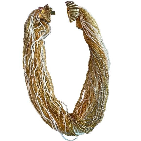 Clam Shell Vintage Multi Strand Seed Bead Necklace Gold & White - Picture 3 of 8